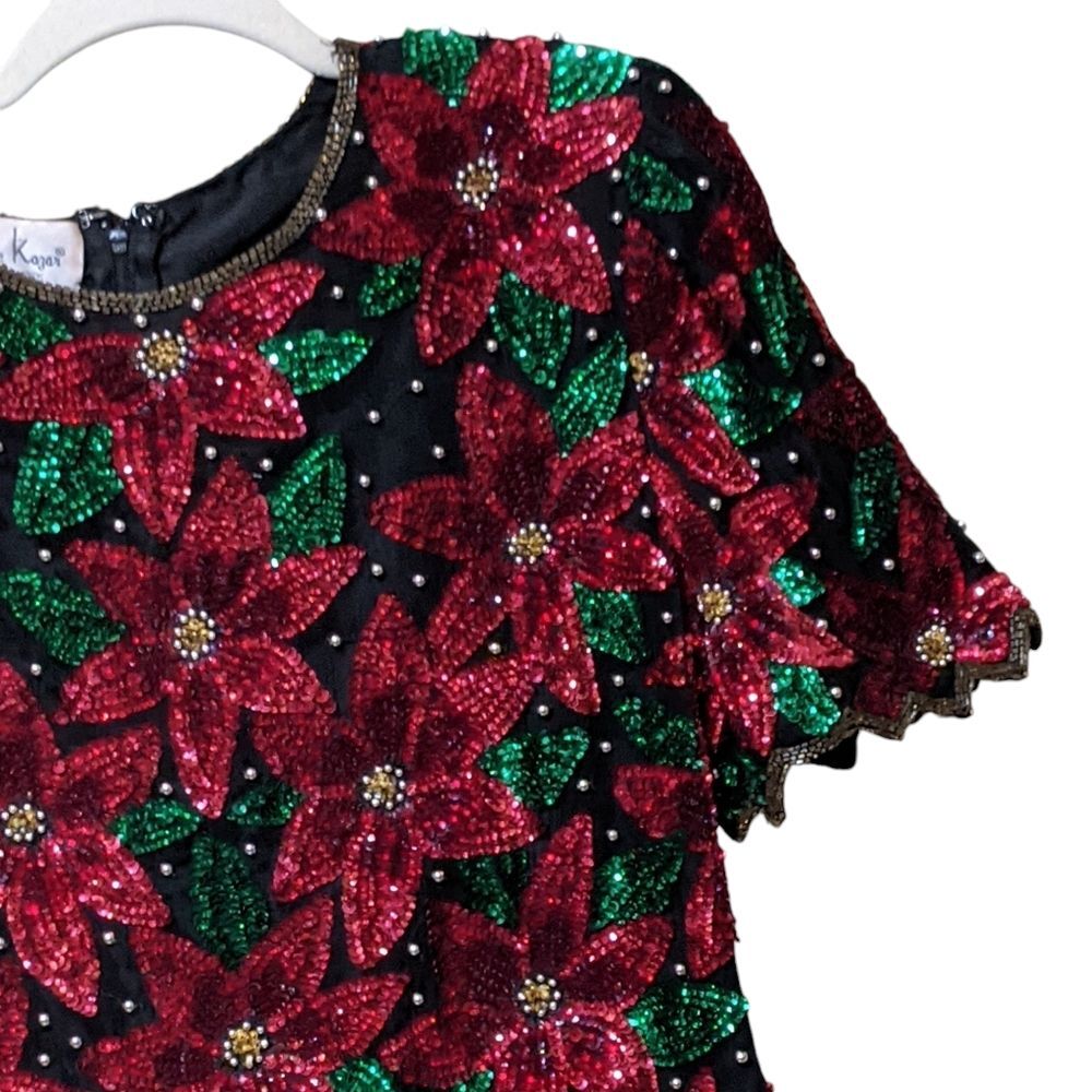 Vintage Laurence Kazar silk heavily beaded poinsettia blouse Medium 1980 formal